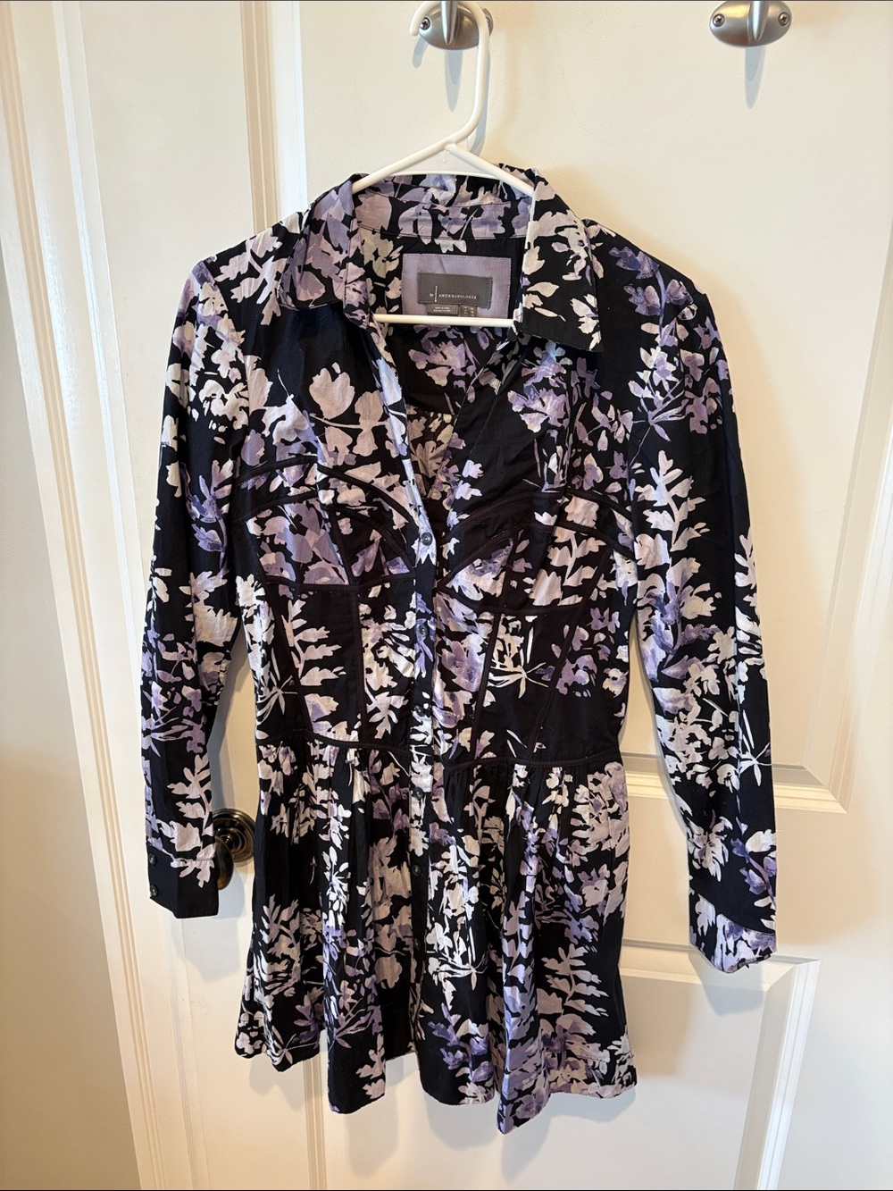 Anthropologie Black Floral Mini Dress with Lavender and White Print